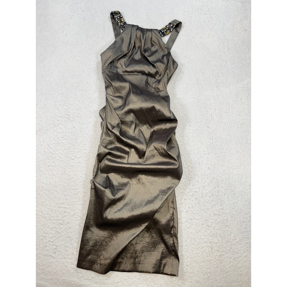 Cache Metallic Ruched Halter Dress Crystal Embellished Bronze Size 2